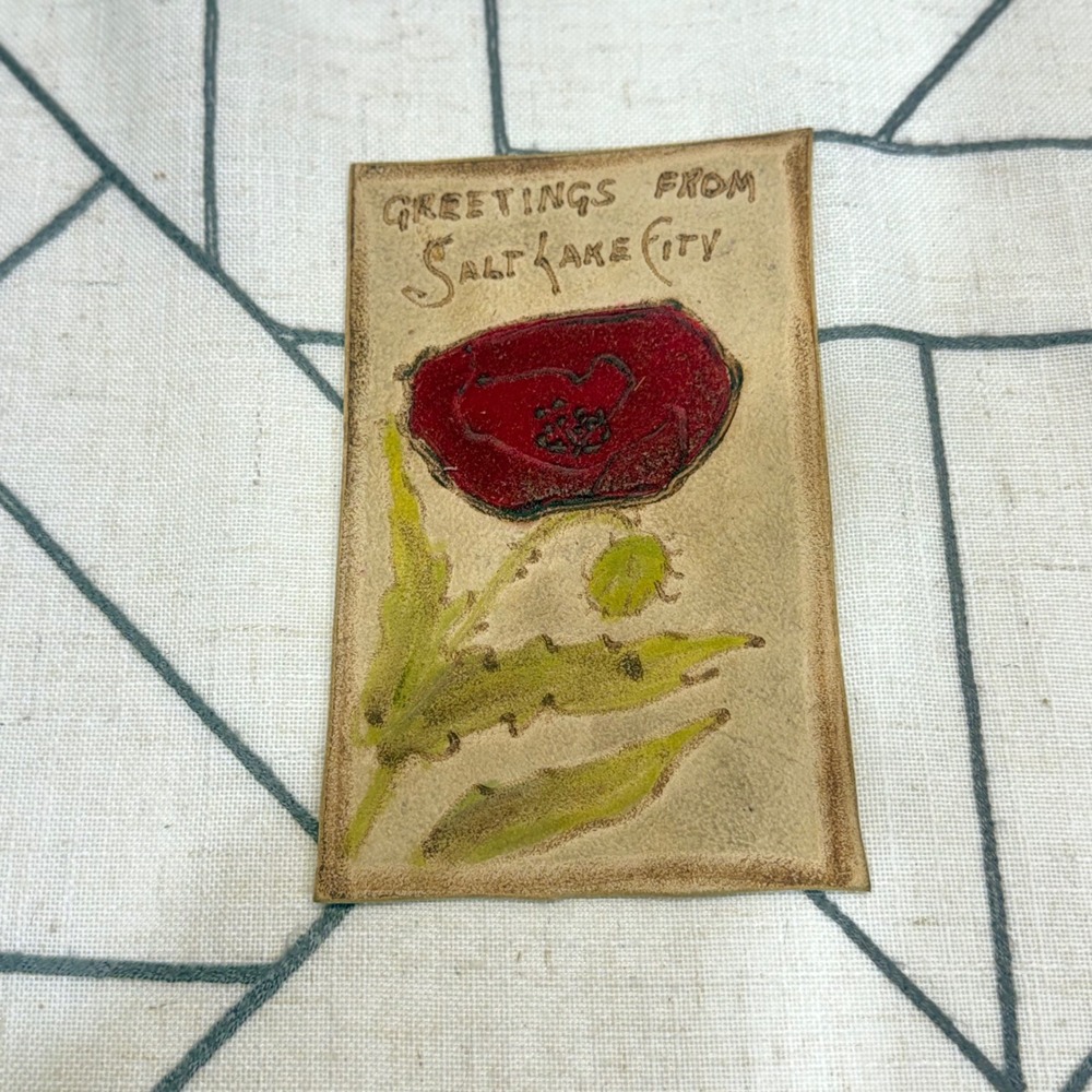 Unbranded Leather Postcard 5x3.25 Tan Salt Lake City Utah Poppy Flower Souvenir